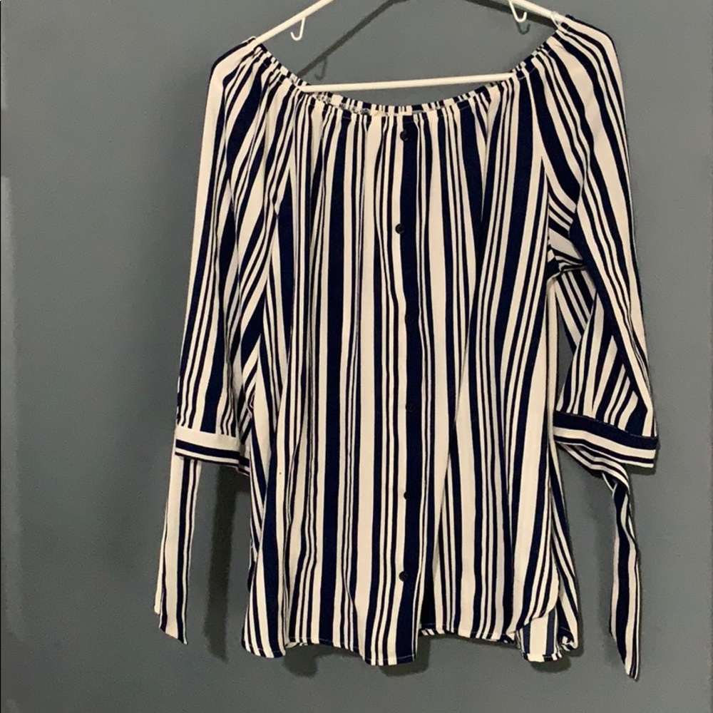 Blue and white striped off the shoulder top